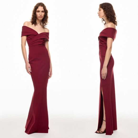 Chiara Boni Gown Benje Burgundy Off Shoulder Faux Wrap Maxi Dress Size 16